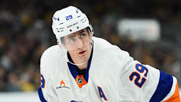 Feb 27, 2025; Boston, Massachusetts, USA;New York Islanders center Brock Nelson (29) gets set for a face-off  during the second period against the Boston Bruins at TD Garden. Mandatory Credit: Bob DeChiara-Imagn Images