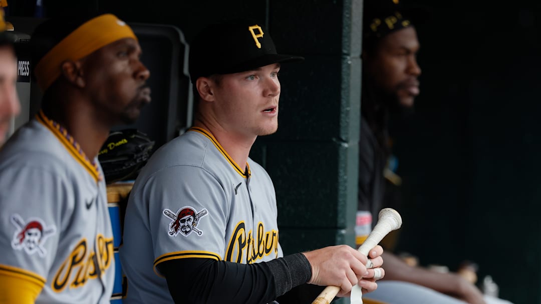 Pittsburgh Pirates catcher Henry Davis prepares to take an at-bat against the Detroit Tigers in 2025.