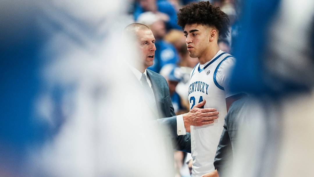 Kentucky Wildcats head coach Mark Pope gives encouragement to Kentucky Wildcats center Malachi Moreno (24) in the second half at Rupp Arena in Lexington, Kentucky Nov. 4, 2025.