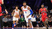 Feb 11, 2025; Philadelphia, Pennsylvania, USA; Philadelphia 76ers forward Paul George (8) drives with the ball against the Toronto Raptors in the first quarter at Wells Fargo Center. Mandatory Credit: Kyle Ross-Imagn Images