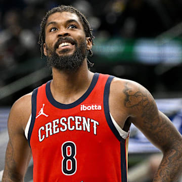 Jan 13, 2024; Dallas, Texas, USA; New Orleans Pelicans forward Naji Marshall (8) in action during the game between the Dallas Mavericks and the New Orleans Pelicans at the American Airlines Center.