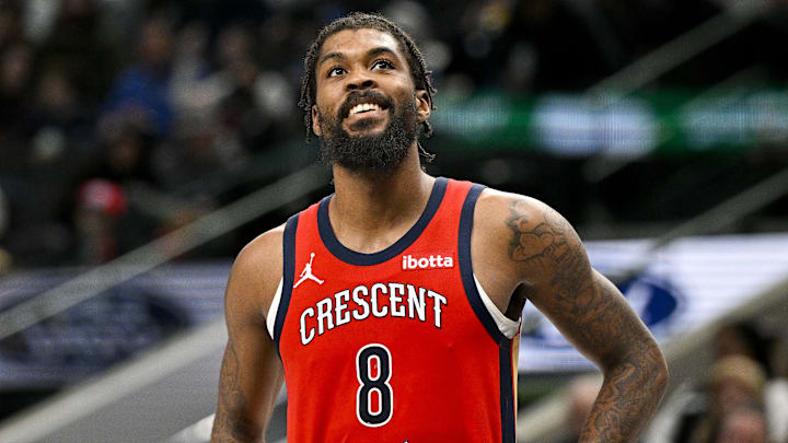 Jan 13, 2024; Dallas, Texas, USA; New Orleans Pelicans forward Naji Marshall (8) in action during the game between the Dallas Mavericks and the New Orleans Pelicans at the American Airlines Center.