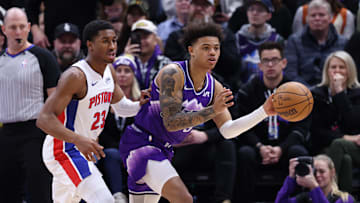 Jan 3, 2024; Salt Lake City, Utah, USA; Utah Jazz guard Keyonte George (3) passes the ball away from