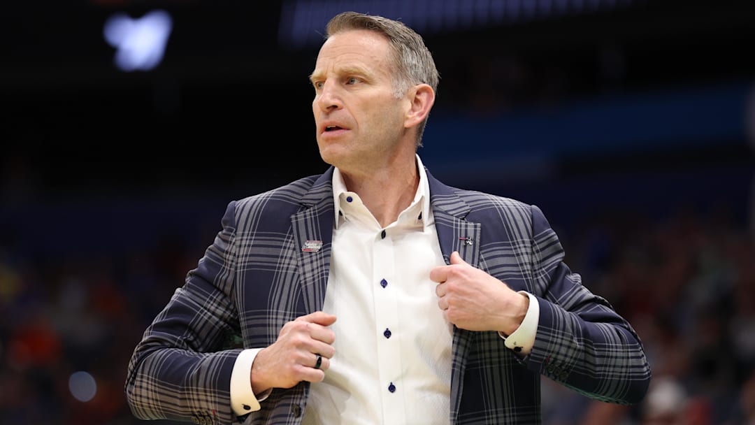 Mar 22, 2026; Tampa, FL, USA; Alabama Crimson Tide head coach Nate Oats looks on against the Texas Tech Red Raiders in the first half during a second round game of the men's 2026 NCAA Tournament at Benchmark International Arena. Mandatory Credit: Nathan Ray Seebeck-Imagn Images