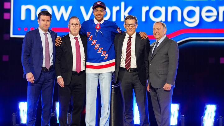 Jun 28, 2024; Las Vegas, Nevada, USA; Eric (EJ) Emery is selected by the New York Rangers with the 30th overall pick in the first round of the 2024 NHL Draft at The Sphere. Mandatory Credit: Stephen R. Sylvanie-USA TODAY Sports