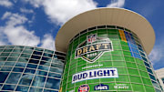 A sign promoting the 2025 NFL Draft is displayed on the Resch Center on April 19, 2025, in Ashwaubenon, Wis.
