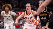 Indiana Fever guard Caitlin Clark (22) rushes up the court Wednesday, June 19, 2024, during the game at Gainbridge Fieldhouse in Indianapolis. The Indiana Fever defeated the Washington Mystics, 88 - 81. The Indiana Fever defeated the Washington Mystics, 88 - 81.
