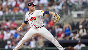 Jul 3, 2025; Cumberland, Georgia, USA; Atlanta Braves starting pitcher Bryce Elder (55) pitches against the Los Angeles Angels during the first inning at Truist Park. Mandatory Credit: Dale Zanine-Imagn Images