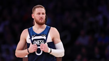 Oct 13, 2024; New York, New York, USA; Minnesota Timberwolves guard Donte DiVincenzo (0) looks on during the first half against the New York Knicks at Madison Square Garden. Mandatory Credit: Vincent Carchietta-Imagn Images