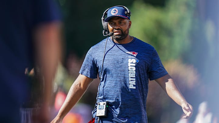 Sep 15, 2024; Foxborough, Massachusetts, USA; New England Patriots head coach Jerod Mayo watches from the sideline as they take on the Seattle Seahawks at Gillette Stadium. Mandatory Credit: David Butler II-Imagn Images