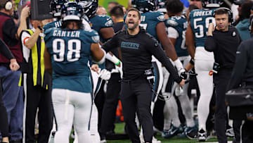 Feb 9, 2025; New Orleans, LA, USA; Philadelphia Eagles head coach Nick Sirianni celebrates after a touchdown against the Kansas City Chiefs of Super Bowl LIX at Caesars Superdome. Mandatory Credit: Bill Streicher-Imagn Images