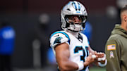 Nov 16, 2025; Atlanta, Georgia, USA; Carolina Panthers running back Chuba Hubbard (30) warms up before the game against the Atlanta Falcons at Mercedes-Benz Stadium. 