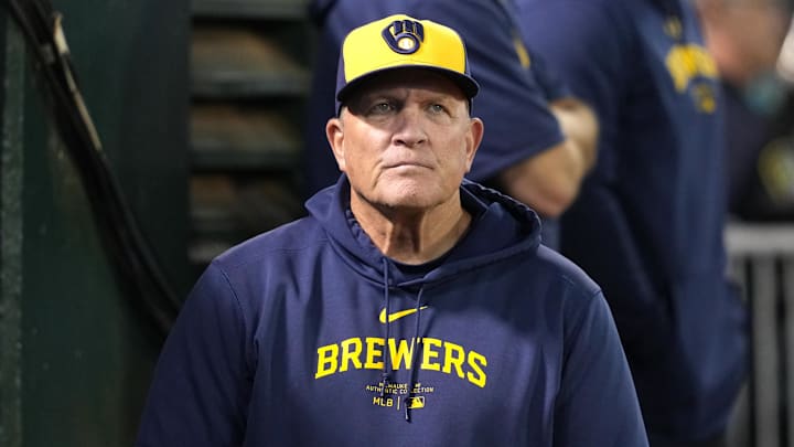 Aug 23, 2024; Oakland, California, USA; Milwaukee Brewers manager Pat Murphy (21) during the eighth inning against the Oakland Athletics at Oakland-Alameda County Coliseum. Mandatory Credit: Darren Yamashita-Imagn Images