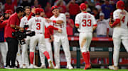 Sep 26, 2025; Anaheim, California, USA; Los Angeles Angels and designated hitter Mike Trout (27) celebrate the victory against the Houston Astros at Angel Stadium. Mandatory Credit: Gary A. Vasquez-Imagn Images