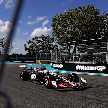 May 4, 2024; Miami Gardens, Florida, USA; Hass driver Nico Hulkenburg (27) during F1 qualifying for Miami Grand Prix at Miami International Autodrome. Mandatory Credit: Peter Casey-Imagn Images