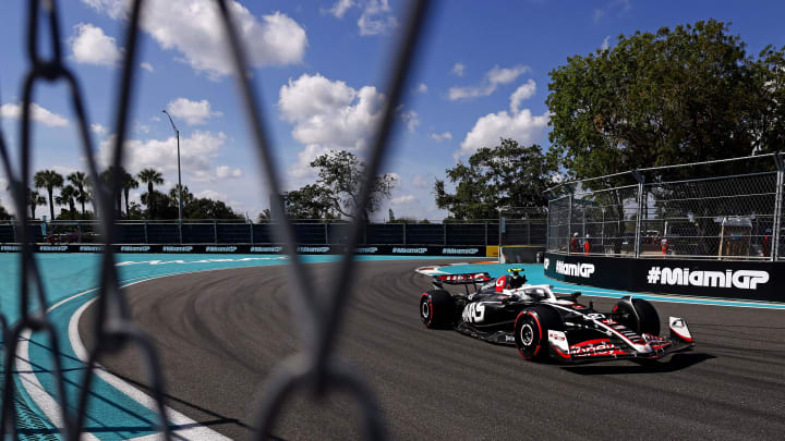 May 4, 2024; Miami Gardens, Florida, USA; Hass driver Nico Hulkenburg (27) during F1 qualifying for Miami Grand Prix at Miami International Autodrome. Mandatory Credit: Peter Casey-USA TODAY Sports