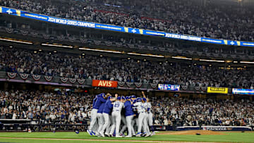 Oct 30, 2024; New York, New York, USA; Los Angeles Dodgers celebrate after winning the 2024 MLB World Series against the New York Yankees at Yankee Stadium. Mandatory Credit: Vincent Carchietta-Imagn Images