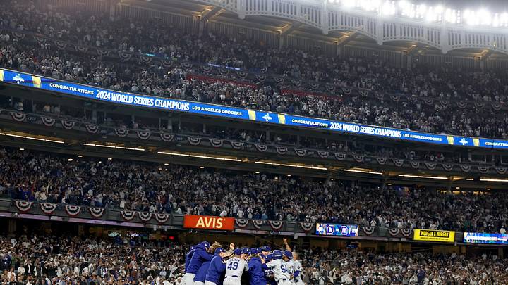 Oct 30, 2024; New York, New York, USA; Los Angeles Dodgers celebrate after winning the 2024 MLB World Series against the New York Yankees at Yankee Stadium. Mandatory Credit: Vincent Carchietta-Imagn Images