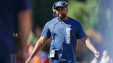 Sep 15, 2024; Foxborough, Massachusetts, USA; New England Patriots head coach Jerod Mayo watches from the sideline as they take on the Seattle Seahawks at Gillette Stadium. Mandatory Credit: David Butler II-Imagn Images