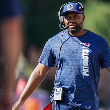 Sep 15, 2024; Foxborough, Massachusetts, USA; New England Patriots head coach Jerod Mayo watches from the sideline as they take on the Seattle Seahawks at Gillette Stadium. Mandatory Credit: David Butler II-Imagn Images