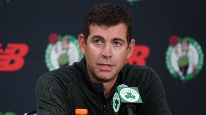 Sep 29, 2025; Boston, MA, USA; Boston Celtics president of basketball operations Brad Stevens talks to reporters during media day at the Auerbach Center. Mandatory Credit: David Butler II-Imagn Images