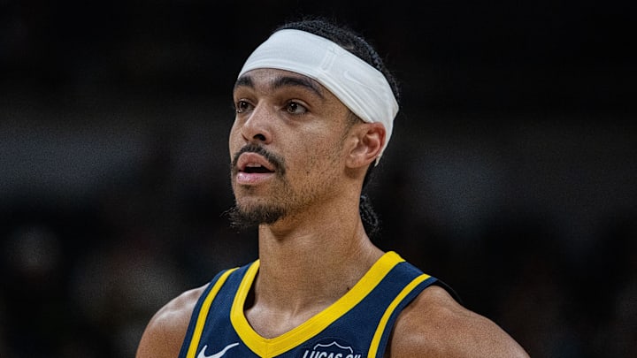 Indiana Pacers guard Andrew Nembhard (2) in the first half against the Charlotte Hornets at Gainbridge Fieldhouse.