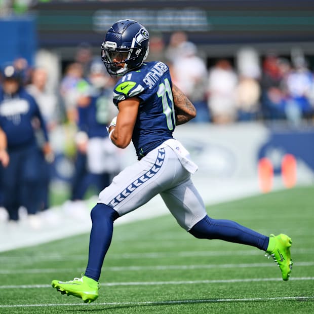 Seattle Seahawks wide receiver Jaxon Smith-Njigba runs the ball during the first half against San Francisco 49ers.