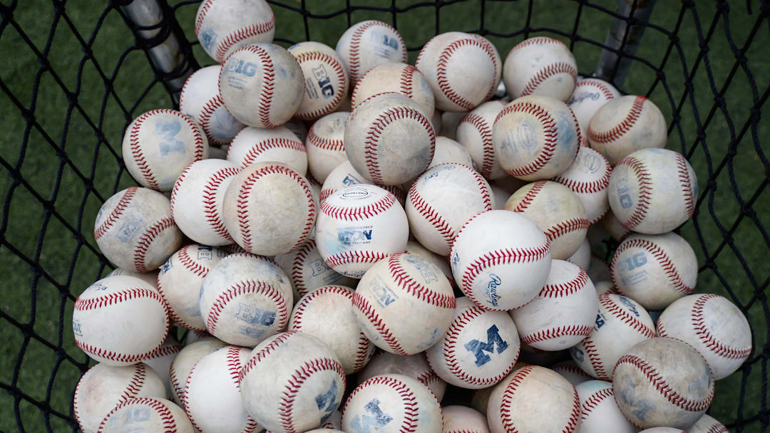Jun 20, 2019; Omaha, NE, USA; Practice balls used by the Michigan Wolverines are seen during a team practice at Creighton University. Mandatory Credit: Steven Branscombe-Imagn Images Jun 20, 2019; Omaha, NE, USA; Practice balls used by the Michigan Wolverines are seen during a team practice at Creighton University. Mandatory Credit: Steven Branscombe-Imagn Images