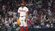 Jul 29, 2024; Philadelphia, Pennsylvania, USA; Philadelphia Phillies pitcher Gregory Soto reacts after allowing a home run.