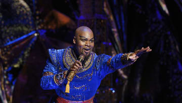 Disney Theatrical Productions under the direction of Thomas Schumacher presents Aladdin, music by Alan Menken, lyrics by Howard Ashman and Tim Rice, book and additional lyrics by Chad Beguelin at Capitol Theatre Sydney, starring: Ainsley Melham (Aladdin), Michael James Scott (Genie), Arielle Jacobs (Jasmine), Troy Sussman (Babkak), Adam Jon Fiorentino (Kassim), Robert Tripolino (Omar), Adam Murphy (Jafar), Aljin Abella (Iago) and George Henare (Sultan) directed and choreographed by Casey