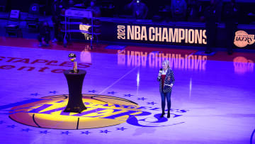 May 12, 2021; Los Angeles, California, USA; Los Angeles Lakers president Jeanie Buss speaks before the reveal of the 2020 champions banner at Staples Center. Mandatory Credit: Gary A. Vasquez-USA TODAY Sports