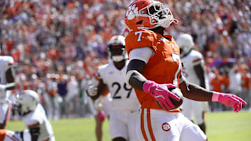 Oct 19, 2024; Clemson, South Carolina, USA; Clemson Tigers running back Phil Mafah (7) walks into the end zone untouched against the Virginia Cavaliers at Memorial Stadium. Mandatory Credit: Alexander Hicks-Imagn Images