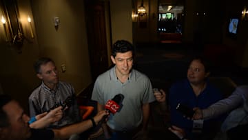 Nov 12, 2019; Scottsdale, AZ, USA; Boston Red Sox general manager Chaim Bloom speaks during media availability at the Omni Scottsdale Resort & Spa at Montelucia. Mandatory Credit: Joe Camporeale-Imagn Images