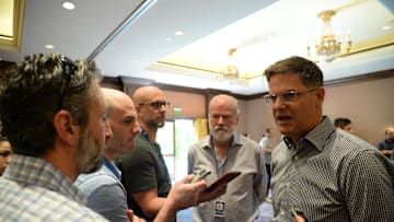 Nov 13, 2019; Scottsdale, AZ, USA; Toronto Blue Jays general manager Ross Atkins speaks with members of the media during general managers meetings at the Omni Scottsdale Resort & Spa at Montelucia Mandatory Credit: Joe Camporeale-Imagn Images