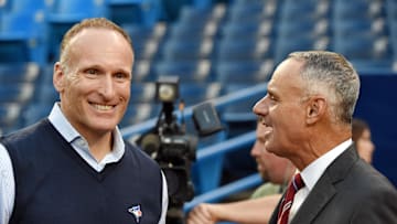 Oct 4, 2016; Toronto, Ontario, CAN; Toronto Blue Jays president Mark Shapiro (left) talks with MLB commissioner Rob Manfred before the American League wild card playoff baseball game against the Baltimore Orioles at Rogers Centre. Mandatory Credit: Dan Hamilton-Imagn Images