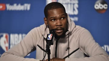 Jun 6, 2018; Cleveland, OH, USA; Golden State Warriors forward Kevin Durant (35) speaks to the media after game three of the 2018 NBA Finals at Quicken Loans Arena. Mandatory Credit: David Richard-Imagn Images