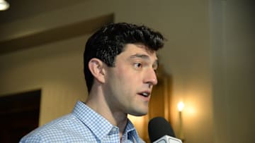 Nov 13, 2019; Scottsdale, AZ, USA; Boston Red Sox chief baseball officer Chaim Bloom speaks with members of the media during general managers meetings at the Omni Scottsdale Resort & Spa at Montelucia Mandatory Credit: Joe Camporeale-Imagn Images