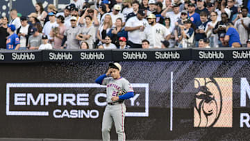 May 16, 2025; Bronx, New York, USA; New York Mets outfielder Juan Soto (22) looks on from right field during the first inning against the New York Yankees at Yankee Stadium. Mandatory Credit: John Jones-Imagn Images