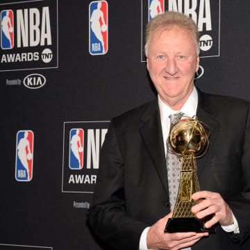 June 24, 2019; Los Angeles, CA, USA; NBA former player Larry Bird poses with his lifetime achievement award at the 2019 NBA Awards show at Barker Hanger. Mandatory Credit: Gary A. Vasquez-USA TODAY Sports