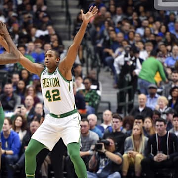 Nov 24, 2018; Dallas, TX, USA;  Boston Celtics center Al Horford (42) plays defense against Dallas Mavericks center DeAndre Jordan (6) in the first quarter at American Airlines Center. Mandatory Credit: Shane Roper-Imagn Images
