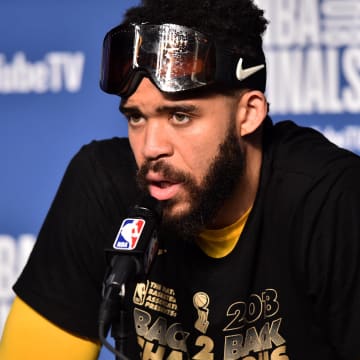 Jun 8, 2018; Cleveland, OH, USA; Golden State Warriors center JaVale McGee (1) speaks during a press conference after defeating the Cleveland Cavaliers in game four of the 2018 NBA Finals at Quicken Loans Arena. Mandatory Credit: Ken Blaze-USA TODAY Sports