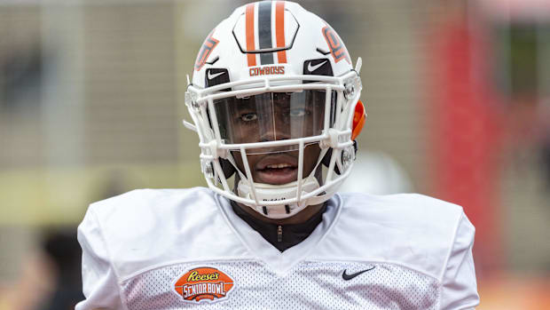 DeSoto alum A.J. Green of Oklahoma State (9) plays in the Senior Bowl at Ladd-Peebles Stadium in 2022.