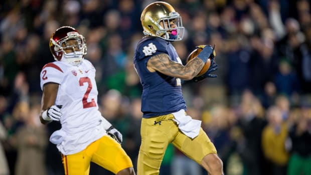 Will Fuller gets Notre Dame off to a hot start with a long touchdown reception against USC in 2015.