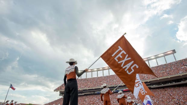 Sep 4, 2016; Austin, TX, USA; The University of Texas Band performs on the field during pregame
