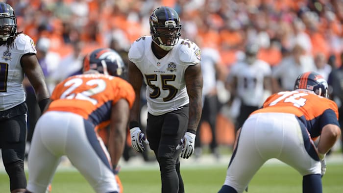 Sep 13, 2015; Denver, CO, USA; Baltimore Ravens outside linebacker Terrell Suggs (55) at the line of