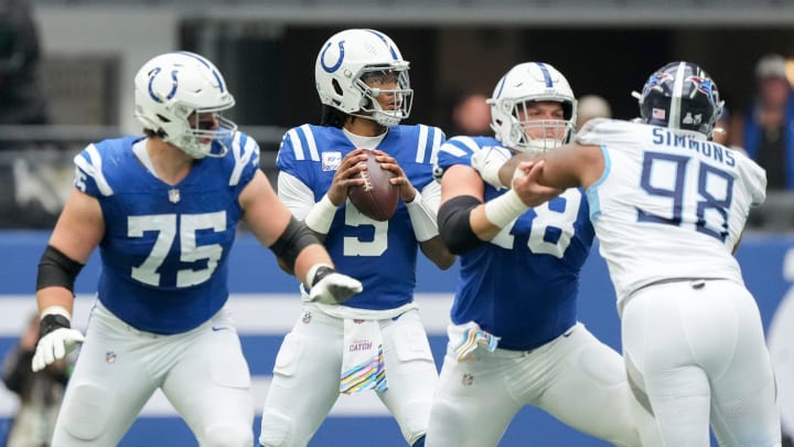 Indianapolis Colts quarterback Anthony Richardson (5) draws back to pass Sunday, Oct. 8, 2023, during a game against the Tennessee Titans at Lucas Oil Stadium in Indianapolis.