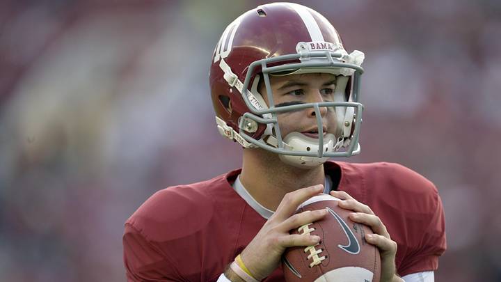 Oct 19, 2013; Tuscaloosa, AL, USA; Alabama Crimson Tide quarterback A.J. McCarron (10) passing during pre game warmups prior to their game against the Arkansas Razorbacks at Bryant-Denny Stadium. Mandatory Credit: John David Mercer-Imagn Images