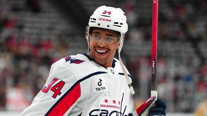 Mar 28, 2026; Las Vegas, Nevada, USA; Washington Capitals center Justin Sourdif (34) warms up before a game against the Vegas Golden Knights at T-Mobile Arena. Mandatory Credit: Stephen R. Sylvanie-Imagn Images