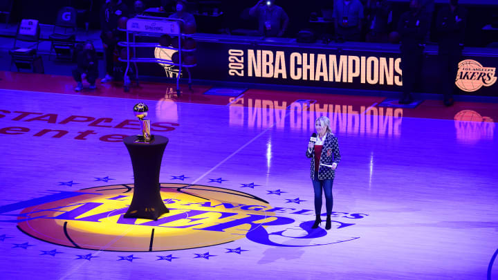 May 12, 2021; Los Angeles, California, USA; Los Angeles Lakers president Jeanie Buss speaks before the reveal of the 2020 champions banner at Staples Center. Mandatory Credit: Gary A. Vasquez-USA TODAY Sports