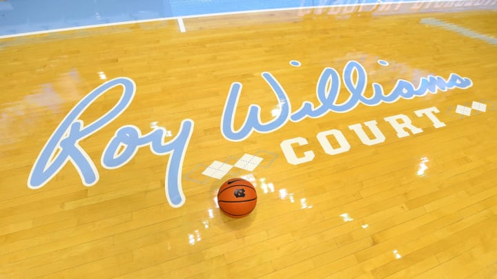 Dec 13, 2022; Chapel Hill, North Carolina, USA; A view of the Roy Williams Court logo at Dean E. Smith Center. Mandatory Credit: Bob Donnan-USA TODAY Sports